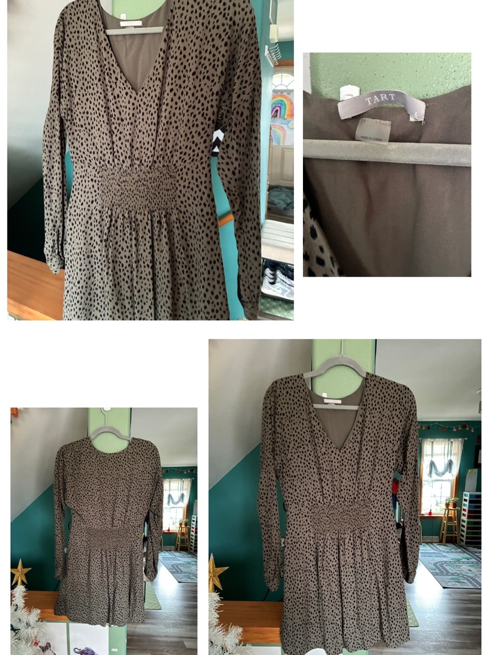 Tart Olive Brown Printed Long-Sleeve Smocked Waist Dress (L(